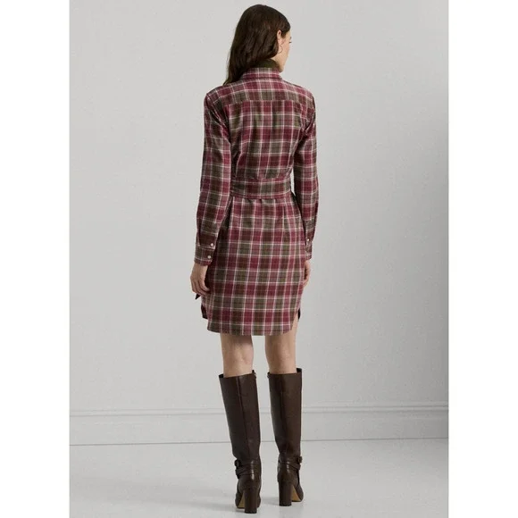 Lauren Ralph Lauren Women Checked Plaid Shirtdress Burgundy Multi Size 8 - Picture 5 of 5